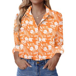 Women's Floral Boho Button Down Shirts Dress Long Sleeve Blouse Outfits Business Casual Work Tops (Orange, M)