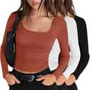 Riyiper 3 Pack Women's Long Sleeve Crop Tops, Square Neck Workout Shirts Tees Going Out Y2k Tops Basic Slim Fitted Base Layer S