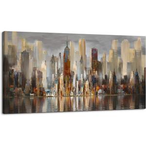 Wall Decorations Framed Large Cityscape New York Wall Decor Canvas Prints Abstract Brown City Theme Paintings Modern Canvas Wall Art for Living Room Bedroom Big Size 29x58