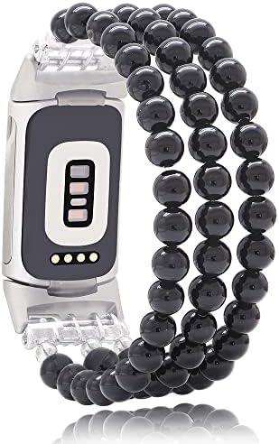 C&L Accessories Compatible with Fitbit Charge 6/5 Natural Gemstone Beaded Handmade Adjustable Bracelet Replacement Band for Women