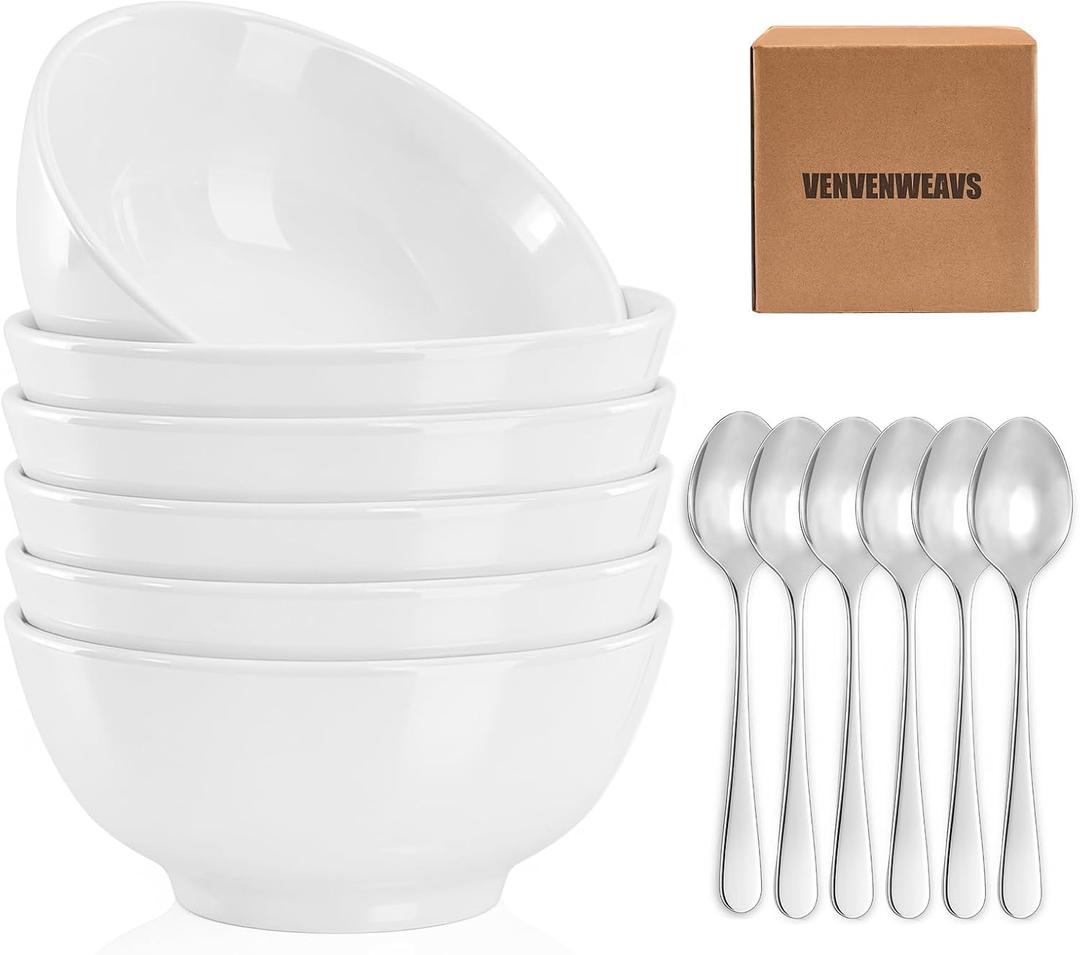 VENVENWEAVS 30 OZ White Thickened Ceramic Bowls Set of 6 Complimentary 6 Spoons, Large Reinforced Ceramic Bowls Perfect for Soup,Salad,Cereal, Ramen And More,Microwave&Dishwasher Safe