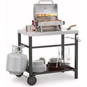 onlyfire Movable Stainless Steel Dining Cart Table, Pizza Oven Table with Propane Tank Holder, Heavy Duty Utility Cart on Wheels for Outdoor Kitchen, BBQ Grill, Patio, 33.6 x 21.7 Workstation
