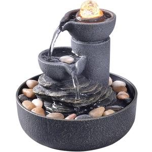 GOSSI Tabletop Water Fountain 2-Tier Indoor Waterfall Fountain with LED Light, Cobblestone & Glass Rolling Ball, Soothing Meditation Sounds for Office & Home Decor