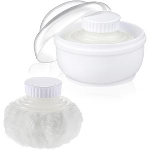 3.1 Inch Body Powder Puff and Container, Fluffy After Bath Body Powder Puff Box, Storage Body Powder Container with Handheld Stand for Baby Adult Daily Care (White)