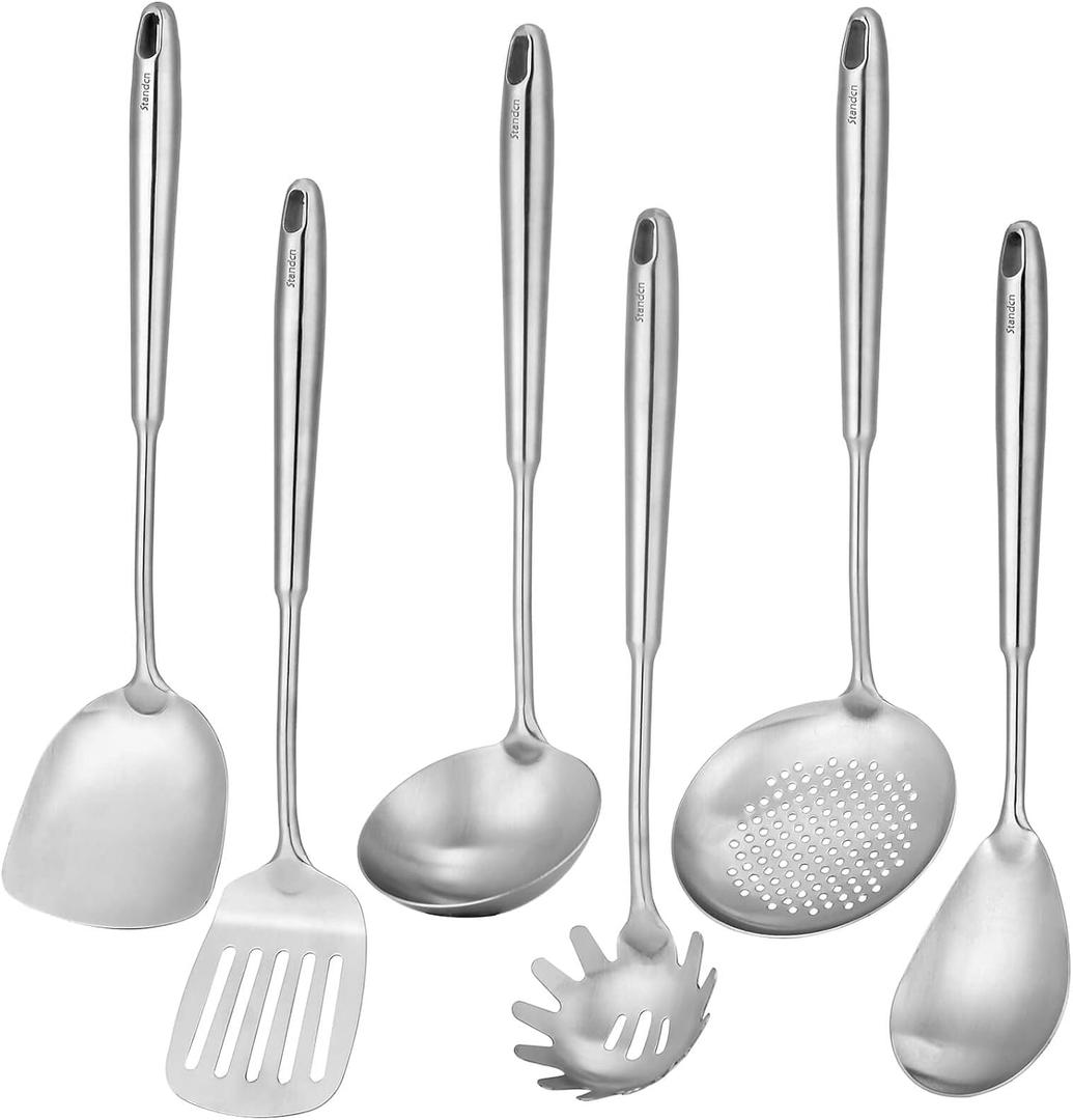 18/10 Stainless Steel Kitchen Utensils Set, 6 PCS All Metal Professional Cooking Utensils, 15" Long Kitchen Tools - Spatula, Ladle, Skimmer Spoon, Pasta Serve, Large Spoon, Slotted Spatula Tunner