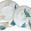 222 Fifth 16-Piece Porcelain Dinnerware Set for 4, Elegant Plates and Bowls Sets-White, Teal, Gold Ceramic Dishes, Chip Proof Kitchen and Dining Dish Set, Microwave & Dishwasher Safe, Peacock Garden