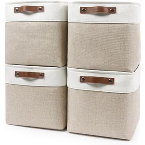 Collapsible Fabric Storage Cubes 11x11 Cube Storage Bins, 4 Pack Closet Baskets Box with Handles for Organizing, Shelf, Toys, Clothes, Home, Office, Nursery (Beige&White)
