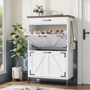 Slim Wooden Shoe Cabinet for Entryway, Narrow Shoe Storage Organizer with with 2 Flip Drawers & Adjustable Shelves, Rustic Farmhouse Shoe Rack for Women and Kids, 8.7" D x 22.4" W x 37.4" H (White)