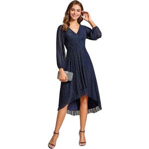 Women Dress Midi Wedding Dress Elegant High-Low Chiffon with V-Neck and Silver Stripe Long Sleeve Glitter Evening Dress 02266