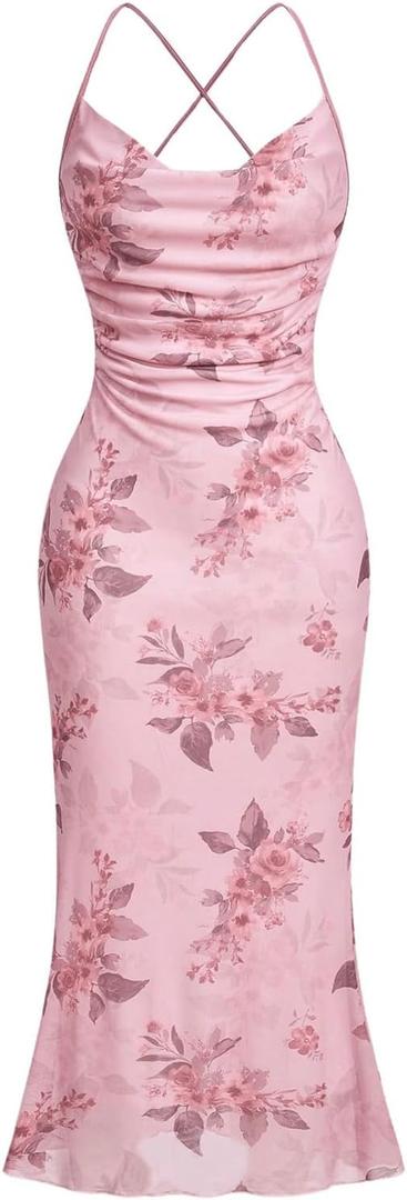 SOLY HUX Women's Floral Mesh Bodycon Cami Dress Cowl Neck Sleeveless Cocktail Party Wedding Guest Long Maxi Dresses Pink Floral X-Large