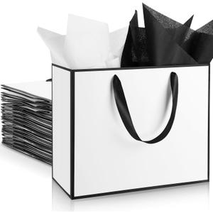 ReliThick 12 Pack Metallic Paper Gift Bag with Handles and Tissue Paper 11.8 x 10 x 4'' Thank You Favor Bag for St. Patrick's Day Wedding Bridesmaid Groomsman 5 Senses Gifts (White,Black)