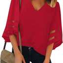 luvamia Women's Casual V Neck Blouse 3/4 Bell Sleeve Mesh Panel Shirts Loose Top (X-Large, A True Red)