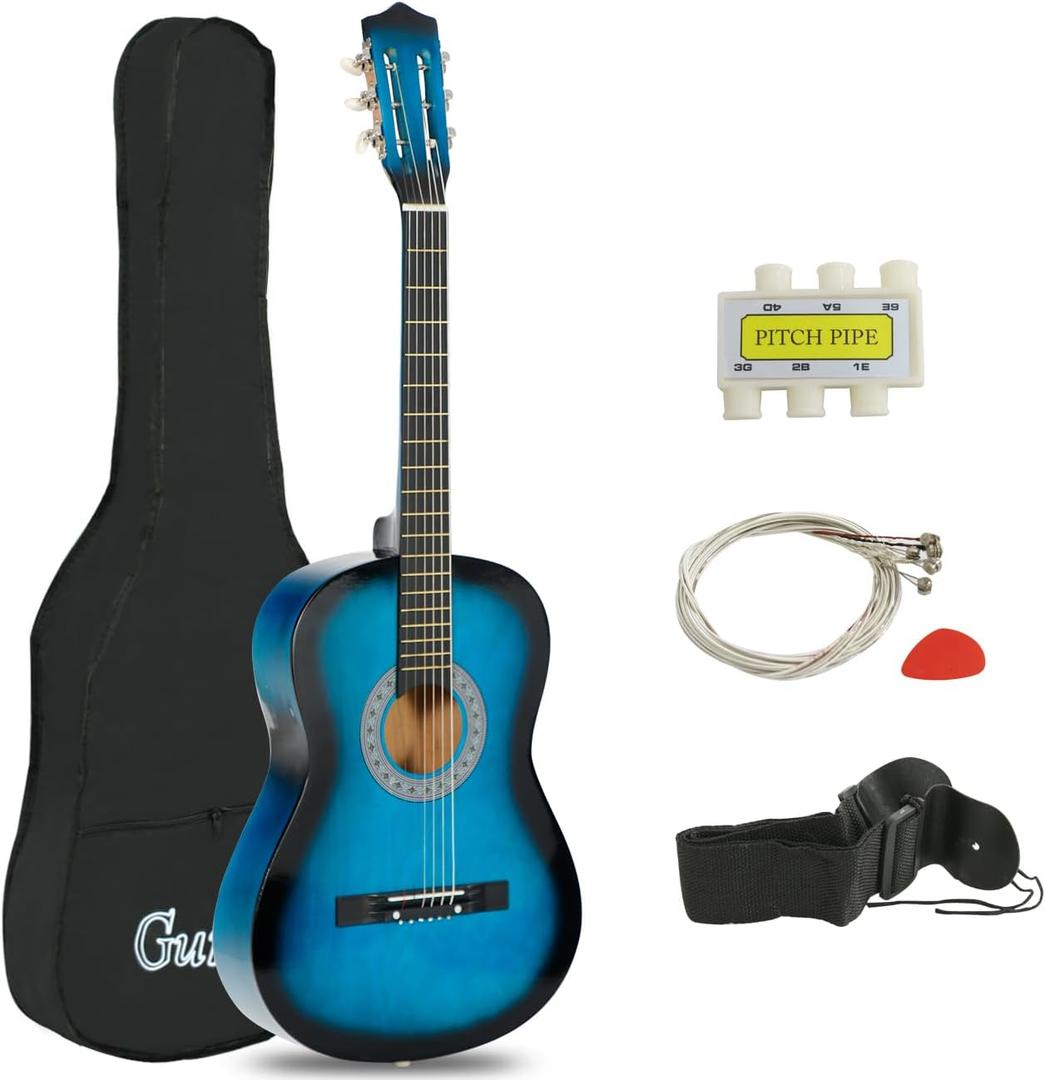JupiterForce 38 Inch Beginner Acoustic Guitar, 6-String Guitar Starter Kit for Starters with Gig Bag, Strings, Strap, Pitch Pipe and Pick, Blue