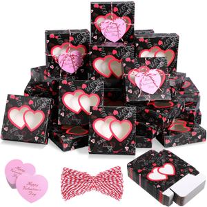 Tioncy 48 Pcs Valentines Cookie Boxes with Window Small Pink Bakery Boxes 4.3x4.3x1.2 Inch Dessert Containers with Heart Cards and Rope for Candy Muffin Homemade Soap Valentine Party Gift(Love)