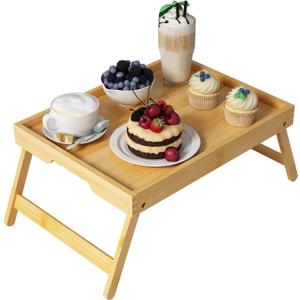 Youpehom Bed Tray Table with Folding Legs,Bamboo Breakfast in Bed for Kitchen Serving Tray,Sofa,Eating,Used As Laptop Desk Snack Tray (Bamboo, Medium)