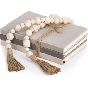 3 Pieces Faux Decorative Books Set for Home Decor Fake Book for Shelves Coffee Table Stacked Linen Covered Display Notebook with Wood Bead Bookend Gift for Living Room(Classical Color)