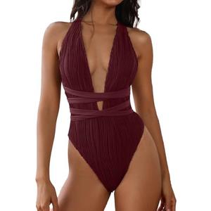 ZAFUL Women's One Piece Swimsuit Deep V Neck Ribbed Self Tie Sexy High Cut Bathing Suit Crisscross Back Swimwear, M