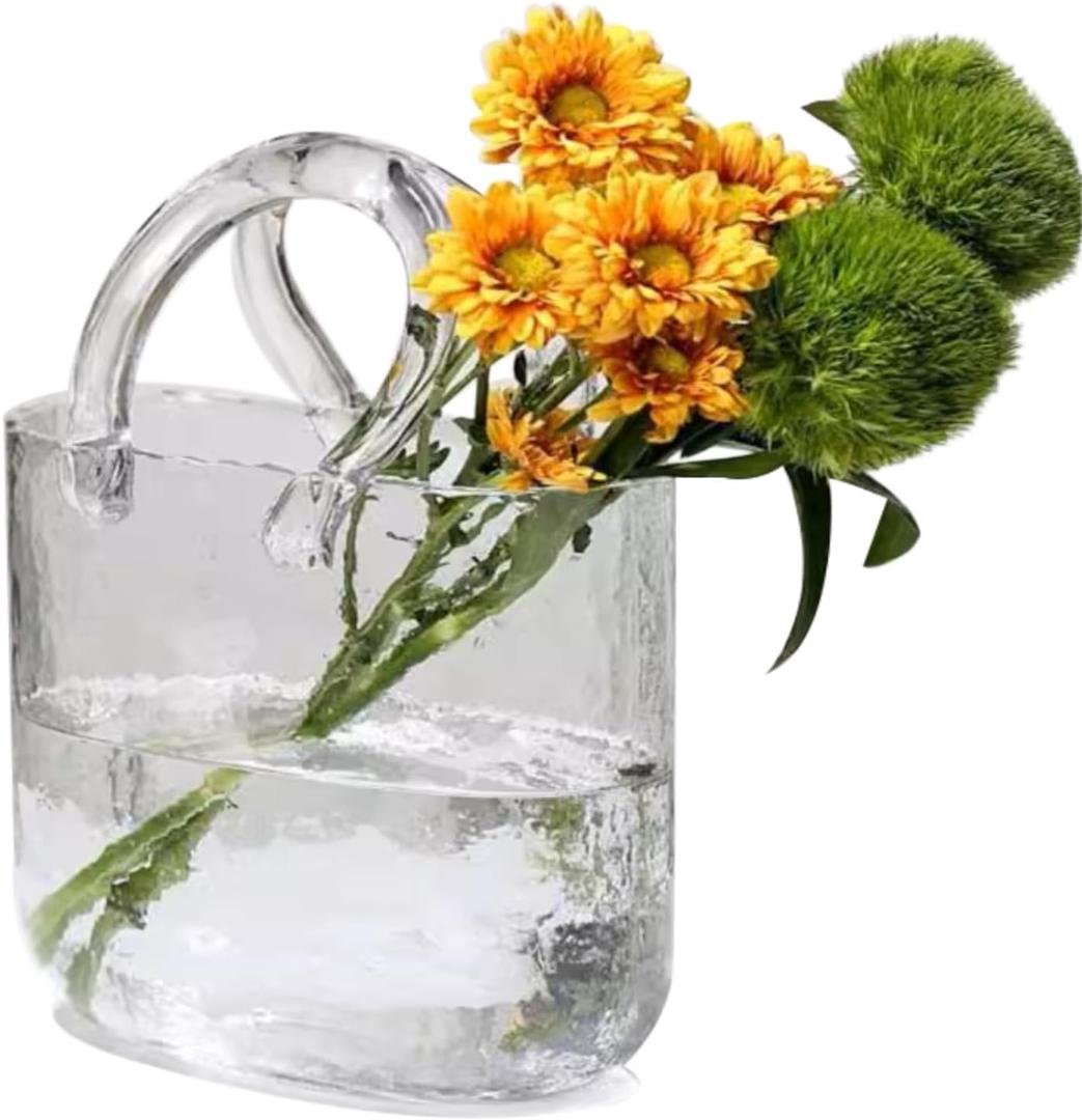 Glass Vase with Elegant Purse Design Clear Bag Glass Vase Glass Purse Vase with Handle and Bubbles Unique Flower Vase for Home/Office/Garden/Wedding/Events Decorations