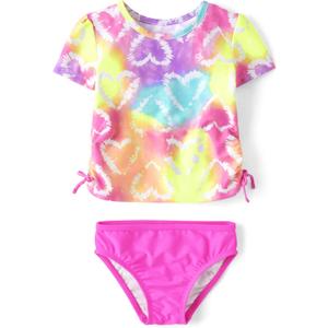 The Children's Place Girls' and Toddler Short Sleeve Rashguard Swimset (3T, Heart Tie Dye)