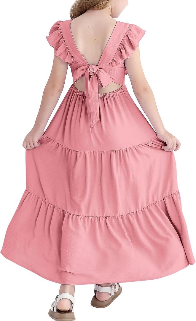 Girls Summer Dresses Tween Tie Back Ruffle Sleeve Kids Swing Flowy Casual Beach Maxi Dress, 7-8Y
