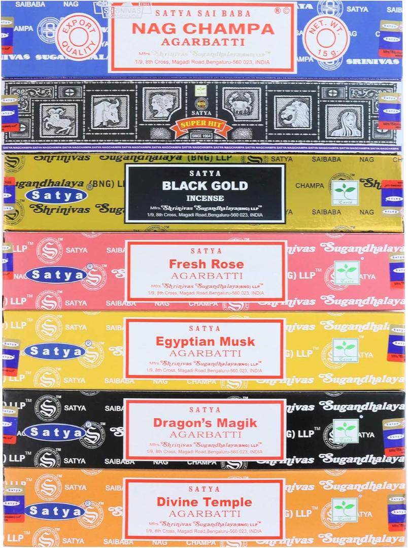 Satya Incense Sticks Gift Set, 7 Scents, Nag Champa, Super Hit, Dragon's Blood, Sandalwood, Patchouli, Lavender, Positive Vibes, 15g Each (Healing Mix)