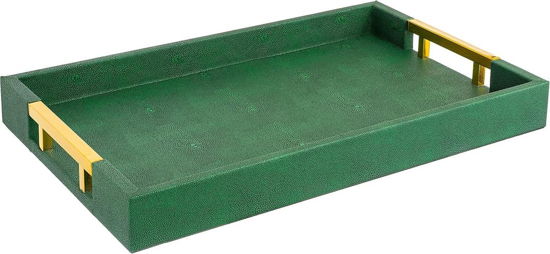 Modern Elegant 17.5"x12" Rectangle Emerald Green Shagreen Faux Leather Decorative Tray Ottoman Coffee Table Perfume Living Room Kitchen Serving Tray with Gold Polished Metal Handles for All Occasion's