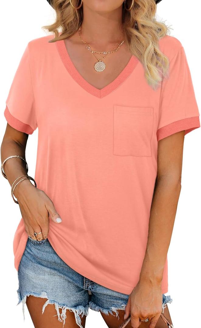 Geifa Womens T Shirts Short Sleeve V Neck Loose Casual Summer Tops with Pocket (X-Large, Coral)