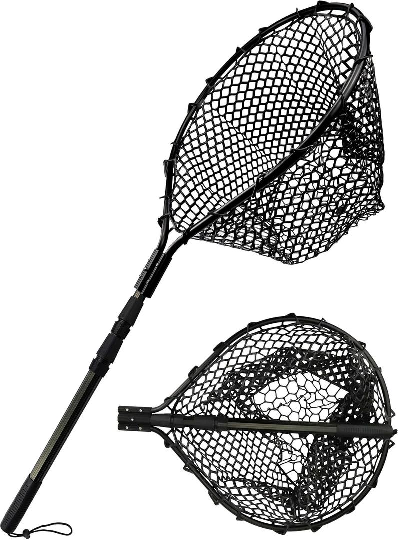 Rubber Coated Fishing Landing Net with Telescoping Handle, Foldable, Black