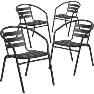 Flash Furniture Aluminum Slat Back Stacking Outdoor Restaurant Chairs, Modern Stackable Patio Chairs for Restaurants, Set of 4, Black