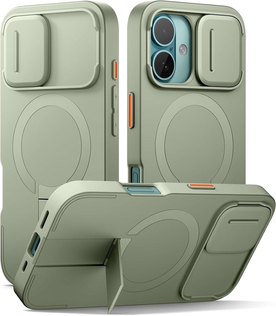 SURITCH for iPhone 16 Case with Magnetic Camera Slide Cover and Adjustable Kickstand, Compatible with MagSafe, Shockproof Bumper Case Slim Protective Cover 6.1 Inch, Green