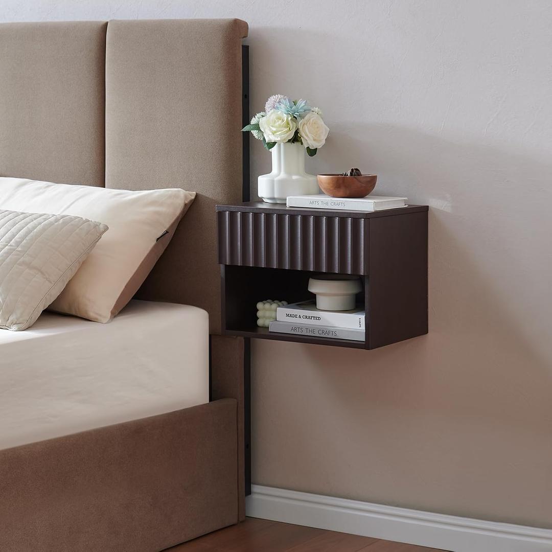 BuildHom Floating Nightstand with Fluted Drawer - Modern Wall Mounted Bedside Table with Open Storage Shelf, Small Night Stand TV Stand for Bedroom(Espresso), Single