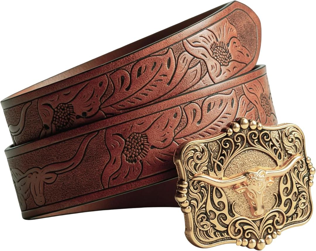 IZUS Western-Belts for Men Cowboy-Boy-Style Retro Cowgirl County Belt with 1.5"-wide Bull-Floral-PU-Strap Women Waist-Belts (Brown-2413a Buckle)