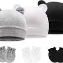 BQUBO Newborn Girls Hats Baby Hat and Mittens Set Infant Caps Bow Hospital Beanie with No Scratch Mittens for Baby Boys Girls, 0-3 Months, 3 Sets G: Bear Ears Hats & Mittens A(0-3 Months)