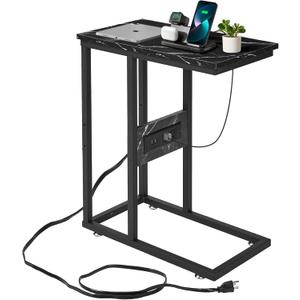 VECELO C-Shaped End Side Table with Charging Station & 2 USB Ports and Outlets for Living Room, Bedroom, with Adjustable Feet for Couch Sofa, Bedside, Small Spaces Black Marble (1)