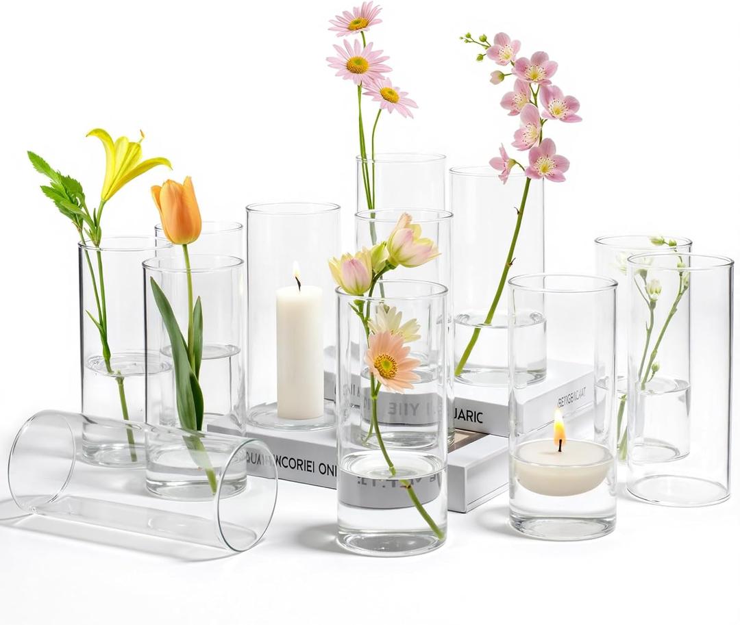 12 Pack Glass Cylinder Vases for Centerpieces 8" Tall Clear Hurricane Flower Vase Bulk for Weddings, Floating Candles, Table Decor, Events, Home Decoration