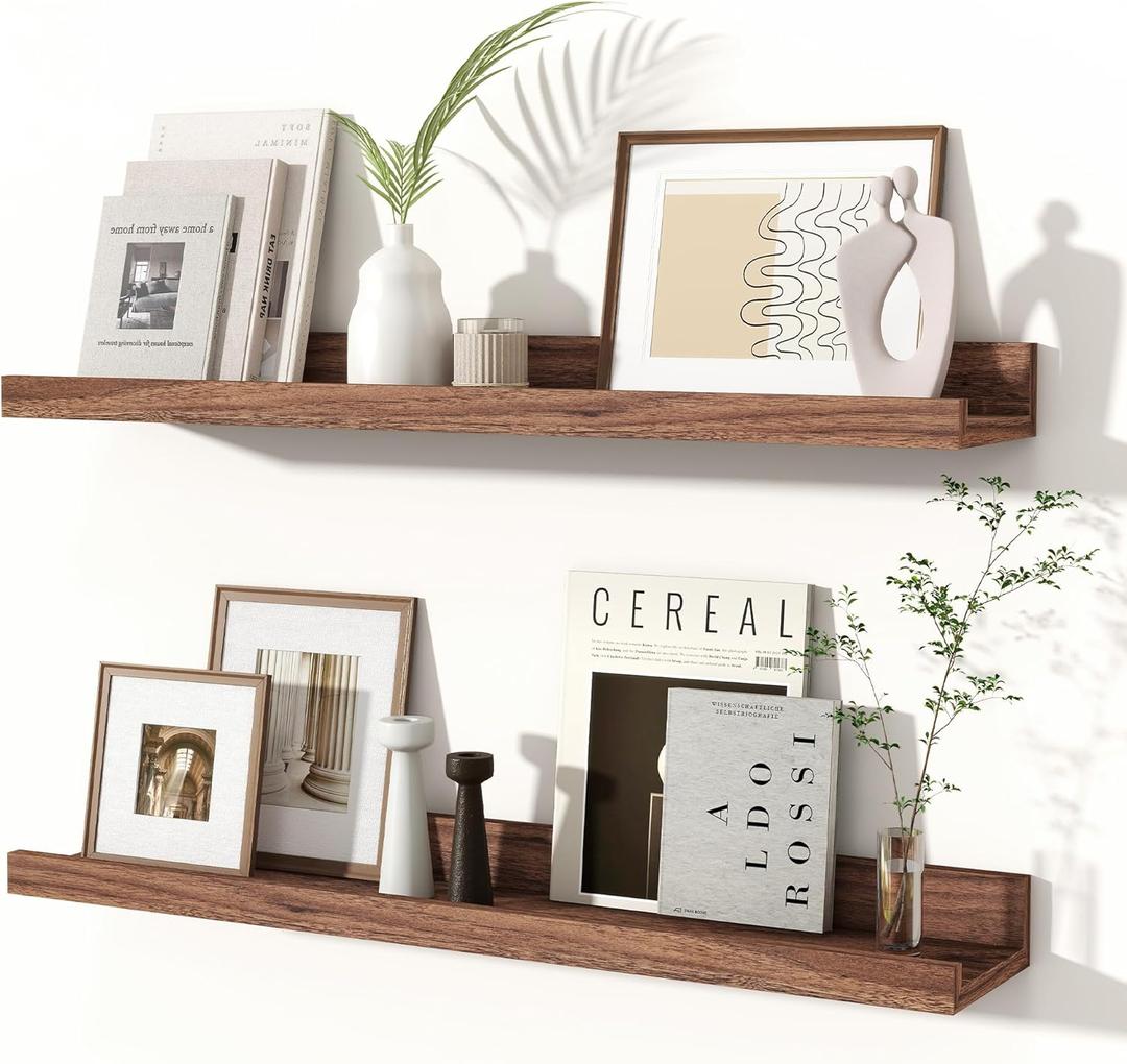 Fun Memories Picture Ledge Shelves Set of 2, 24 Inch Rustic Wall Mounted Floating Shelves with Lip for Home Storage and Dcor in Bathroom, Kitchen, Nursery, Bedroom, Living Room, Walnut (24inch)