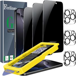 Ferilinso [Auto Dust Install] 3 Pack Privacy Screen Protector for iPhone 16 Pro Max with 9H+ Private Accessories-Camera Lens Protector, Tempered Glass Cover, Case Friendly, Sensitve Touch