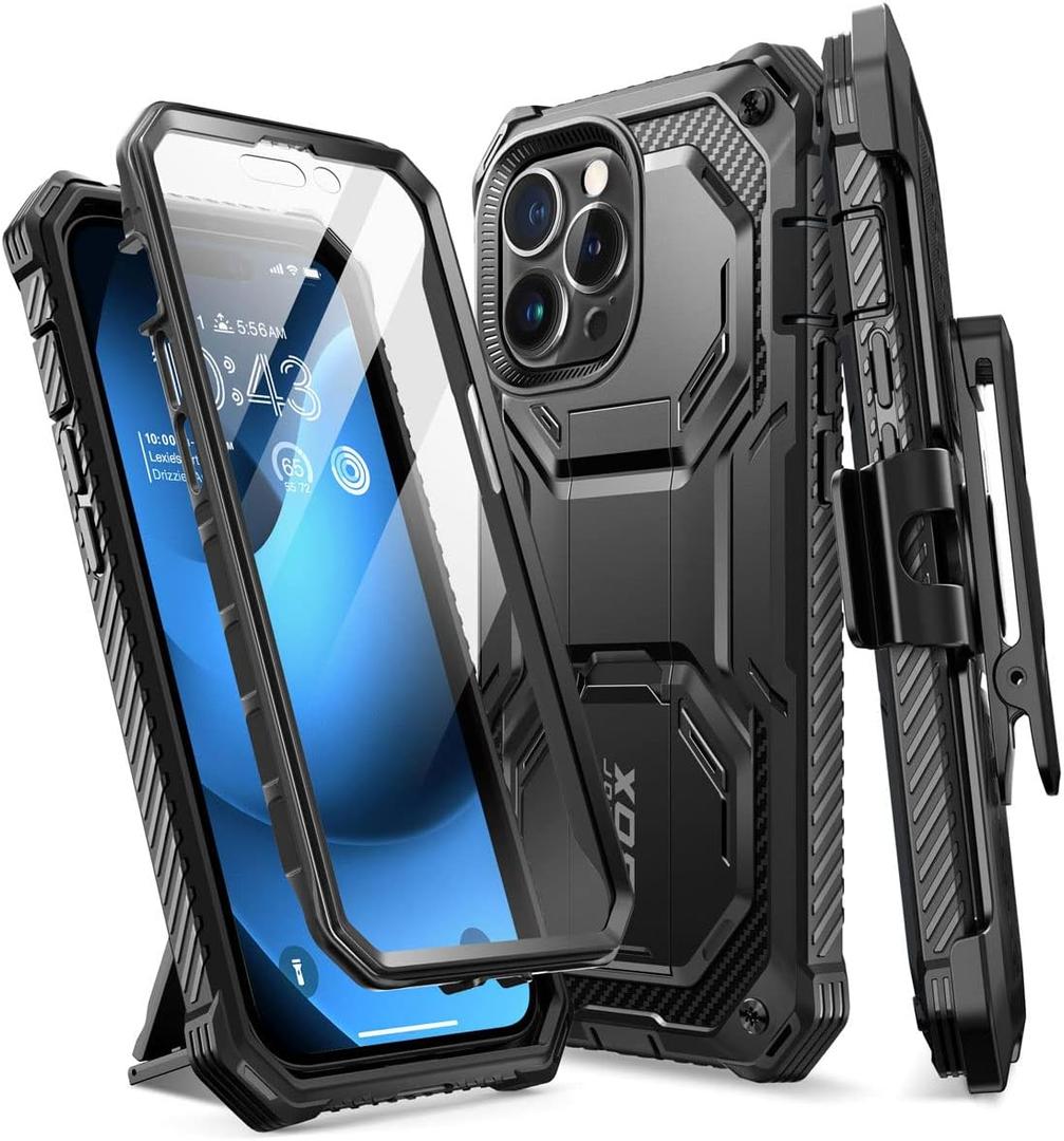 i-Blason Armorbox for iPhone 14 Pro Max Case with Stand [Built-in Screen Protector] [Military-Grade Protection] Full-Body Rugged Protective Bumper Case with Kickstand & Belt Clip Holster (Black)