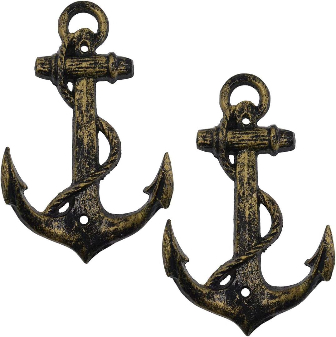 Nautical Anchor Hooks Antique Bronze Cast Iron Decorative Wall Hook, Treasures of The Caribbean Islands 2 Pack