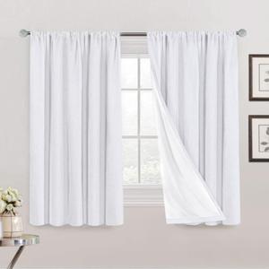 PrinceDeco Blackout Curtains 63 Inches Long 100% Blackout Curtains for Bedroom Rod Pocket Linen Textured Curtains Energy Saving with White Liner, 2 Panels(52 x 63 Inch, Pearl White)