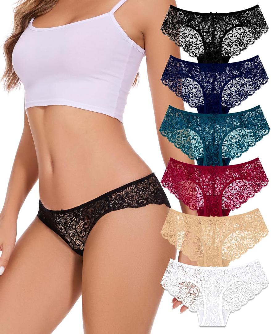 Sunm Boutique Sexy Lace Womens Underwear, Cheeky Panties for Women, Seamless Bikini for Ladies (Small, 6 Pack - Black/Blue/Green/Burgundy/Nude/White)