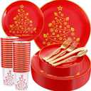 LIYH 150 Pcs Red Plastic Christmas Plates - Disposable Dinnerware Set, Christmas Plastic Plates, Red Silverware Set, Disposable Xmas Cups 10 OZ Holiday Tableware Dishes for Xmas Day 25 Guests