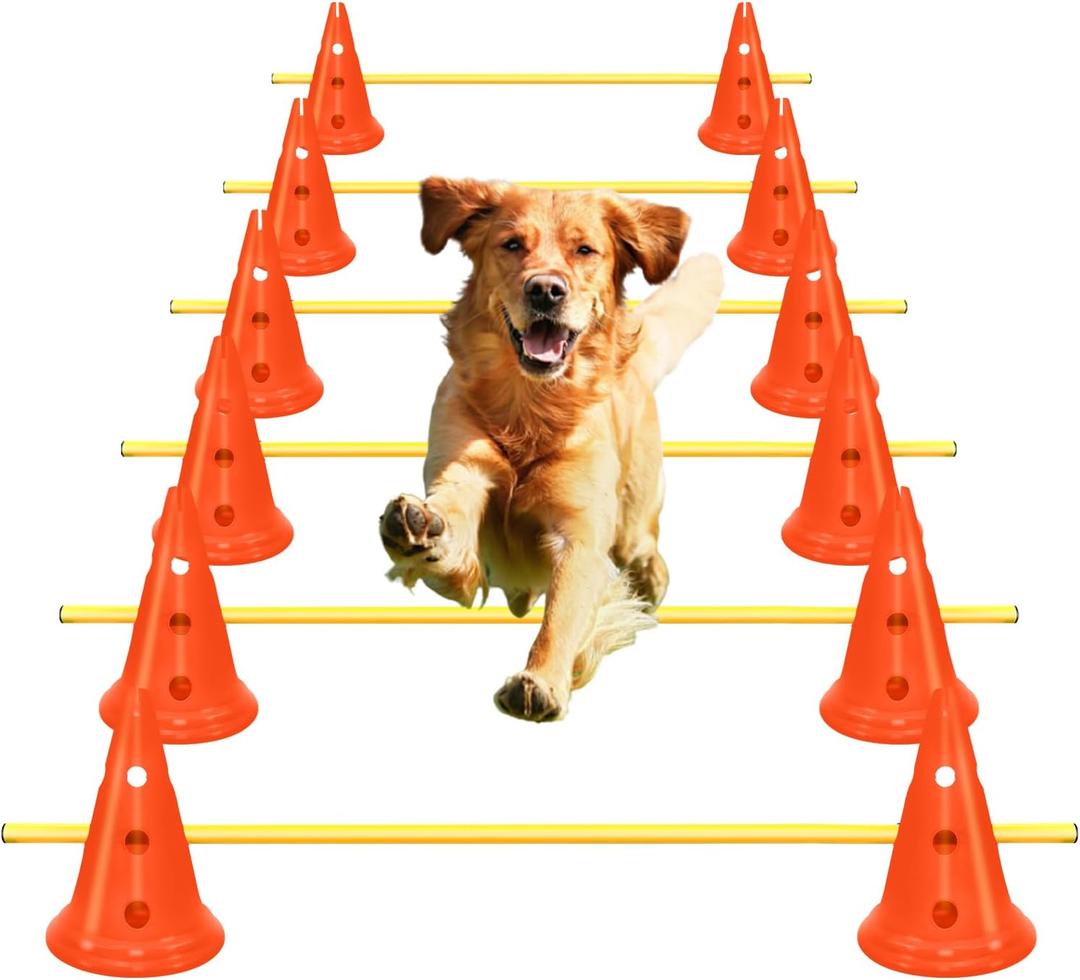 Dog Agility Hurdle Cone Set Dog Agility Course Backyard Set Include 12 Agility Cones 6 Agility Rods Dog Agility Training Equipment Height Adjustable Obstacle with Storage Bag Orange (11.81inch)