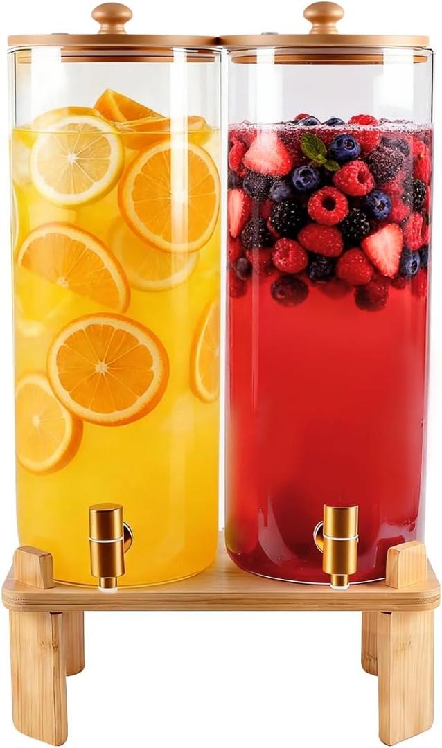 2 x 2 Gallon 2 Pack large Glass Drink dispenser for parties,Beverage Dispenser With Wood Stand,Water Dispensers with spigot,lemonade dispenser,juice containers & water pitcher with lid
