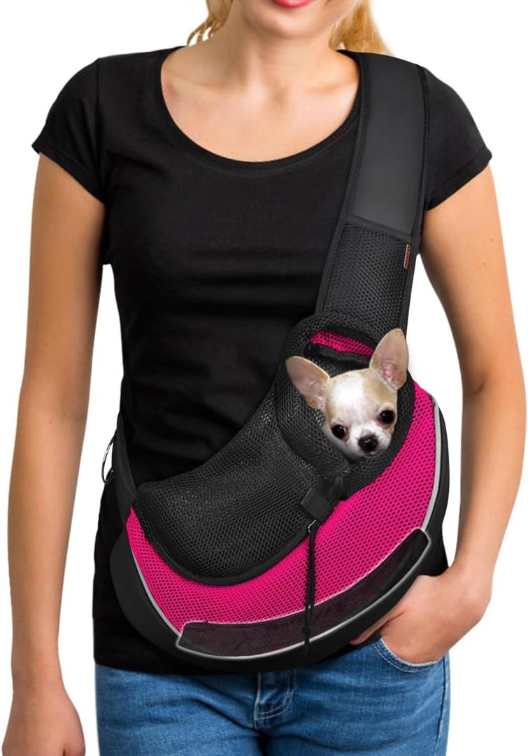 YUDODO Pet Sling Carrier for 2-5 lbs Small Dogs & Cats  Hands-Free Puppy Carrier with Safety Hook, Large Zipper Pocket, Soft Breathable Mesh, Adjustable Strap & Reflective Strip (Pink 3.0 S)
