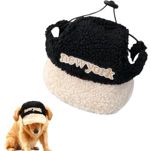 New York Embroidered Pet Hat, Black and Cream Plush Winter Cap for Dogs and Cats (Black, Medium)