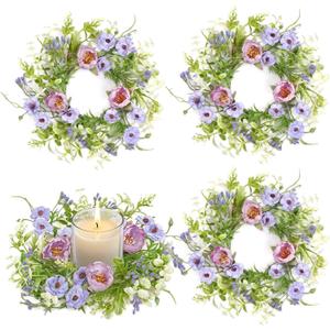 KHOYIME Floral Candle Rings Wreath 4PCS Small Spring Summer Purple Artificial Flowers Greenery Wreaths for Pillars, Mini Candle Holder Kitchen Cabinets Table Centerpieces Wedding Party Farmhouse Decor