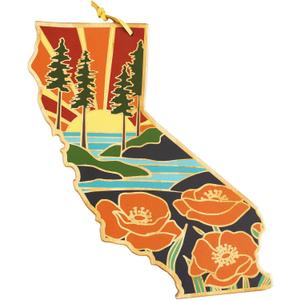 Totally Bamboo California State Shaped Cutting Board and Charcuterie Serving Platter with Artwork by Summer Stokes, Includes Hang Tie for Wall Display 11" x 14-1/4" x 5/8"
