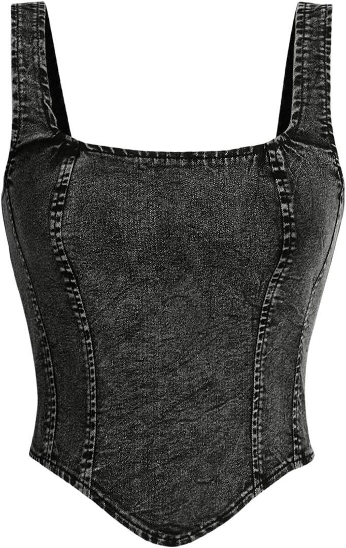 WDIRARA Women's Denim Corset Tank Top Asymmetrical Hem Crop Tops Sleeveless Zip Up Back Tanks (Medium, Black)