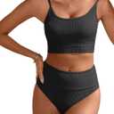 ANRABESS Women High Waisted Bikini Sets Color Block Summer Beach Vacation 2 Piece Bathing Suit Tummy Control Ribbed Swimsuit (Small, Black)